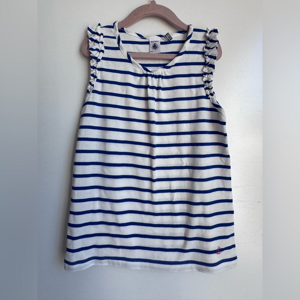 Petit Bateau White Navy‎ Girls Tank Ruffled Shirt 10Y Coastal Nautical France